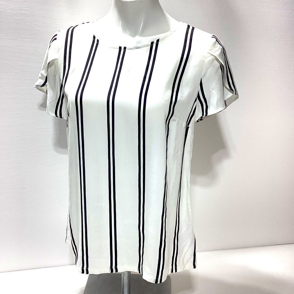 Gap Striped Blouse Rayon Button Back Short Sleeve Black White S NWT